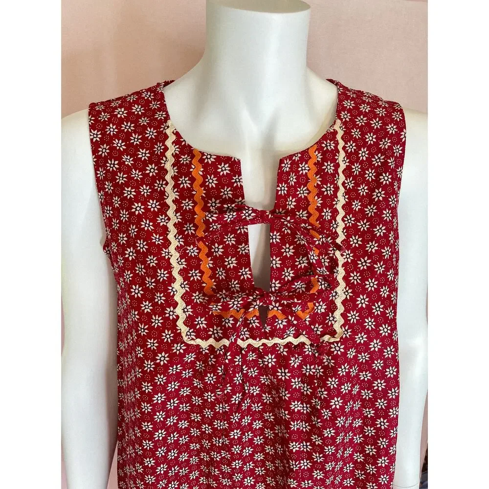 VINTAGE 1960's Bohemian Red Patchwork Ric Rac Dress SMALL - Picture 6 of 16
